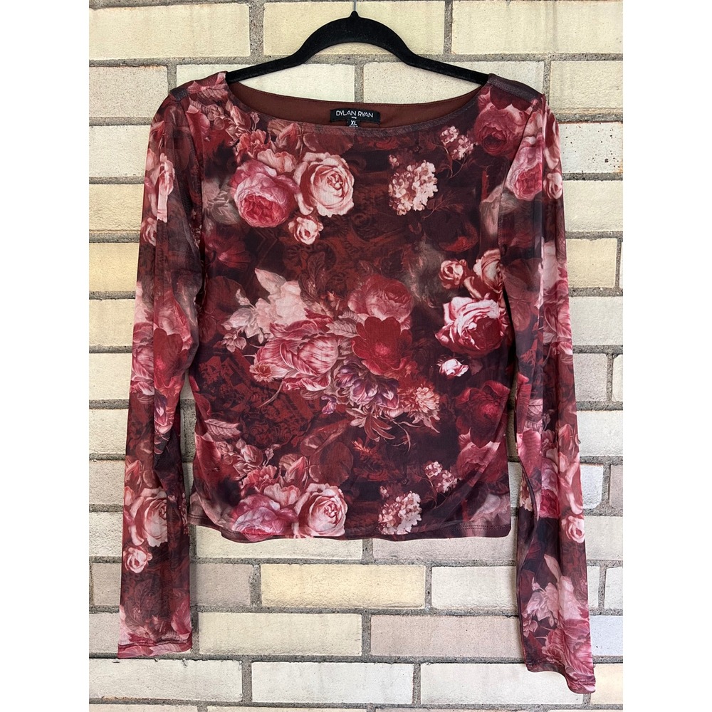 Dylan Ryan Floral Rose Cropped Mesh Long Sleeve Top Brown Burgundy Red Size XL
